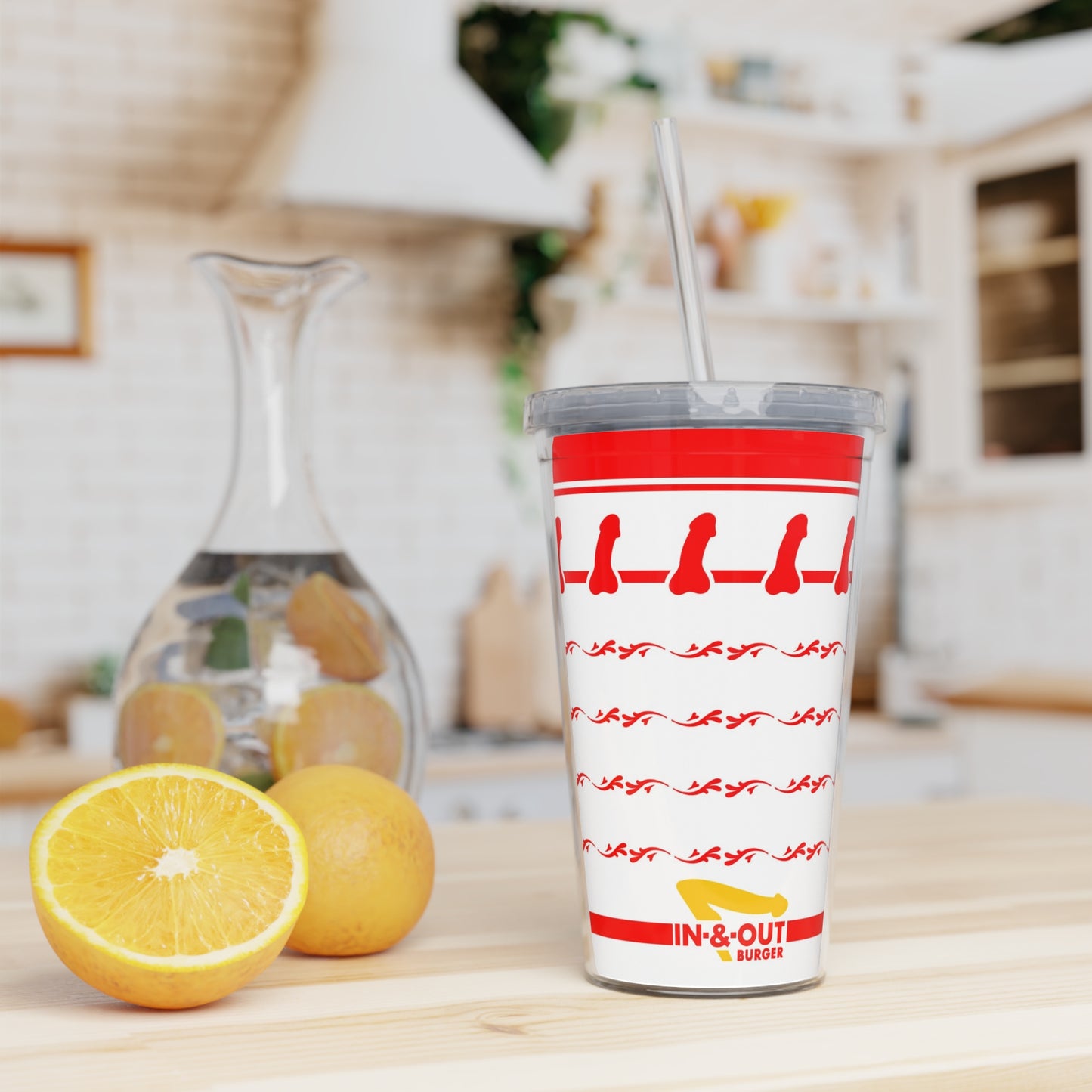 IN & OUT plastic tumbler w/ straw