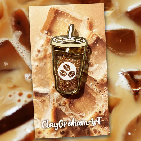 I <3 Iced Coffee 1.75" Hard Enamel Pin w/ Glitter "Quicksand"